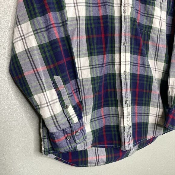 VTG Dockers Men's Small Plaid Flannel Cotton Button Down White Blue Green 90's - Picture 2 of 12